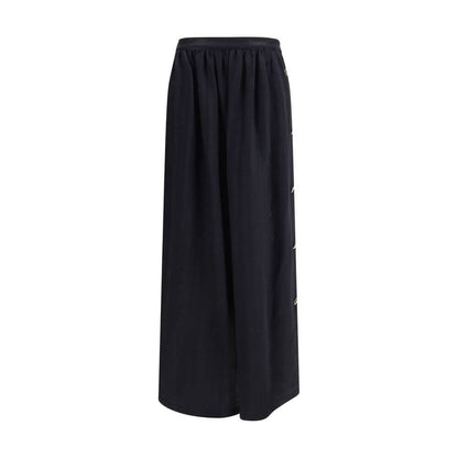 Kristina Ti Black Fleece Wool Long Skirt with golden geometric buttons, wool and silk blend, elegant semi-wheeled design, made in Italy AW25.