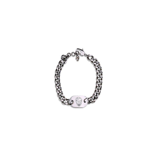 Alexander McQueen Silver Brass Bracelet with skull charm and logo engraved, features antiqued silver finish and adjustable chain.