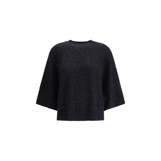 Fabiana Filippi Black Fleece Wool Sweatshirt with sequins, ribbed crew neck, 3/4 sleeves, and ribbed hem, made in Italy.