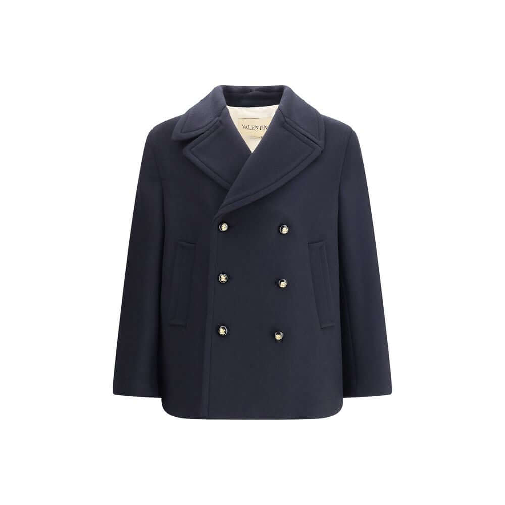Valentino Blue Fleece Wool Coat with double-breasted design and wide lapels, AW25 collection.