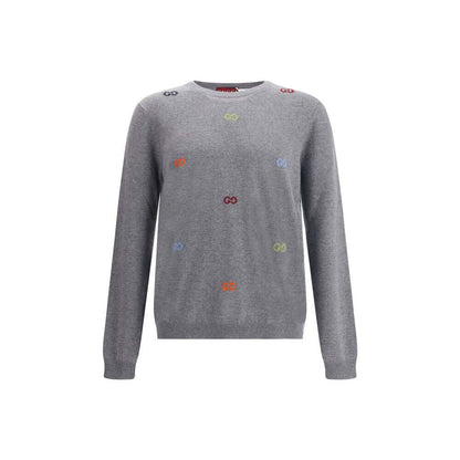 Gucci Gray Cashmere Sweatshirt with multicolor jacquard logo, ribbed crew neck, cuffs, and hem, crafted from 100% cashmere.