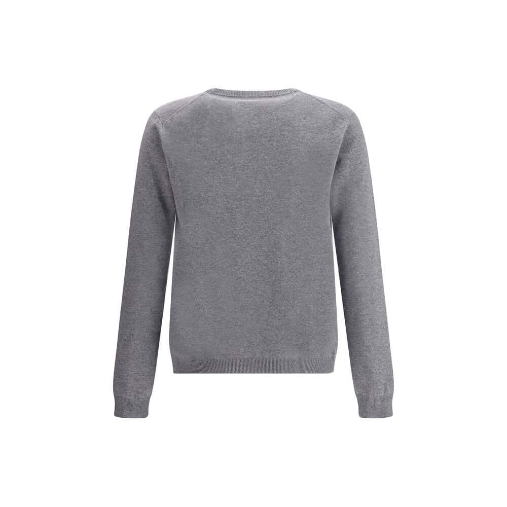 Back view of Gucci Gray Cashmere Sweatshirt with ribbed cuffs and hem, featuring multicolor jacquard logo design. Made in Italy.