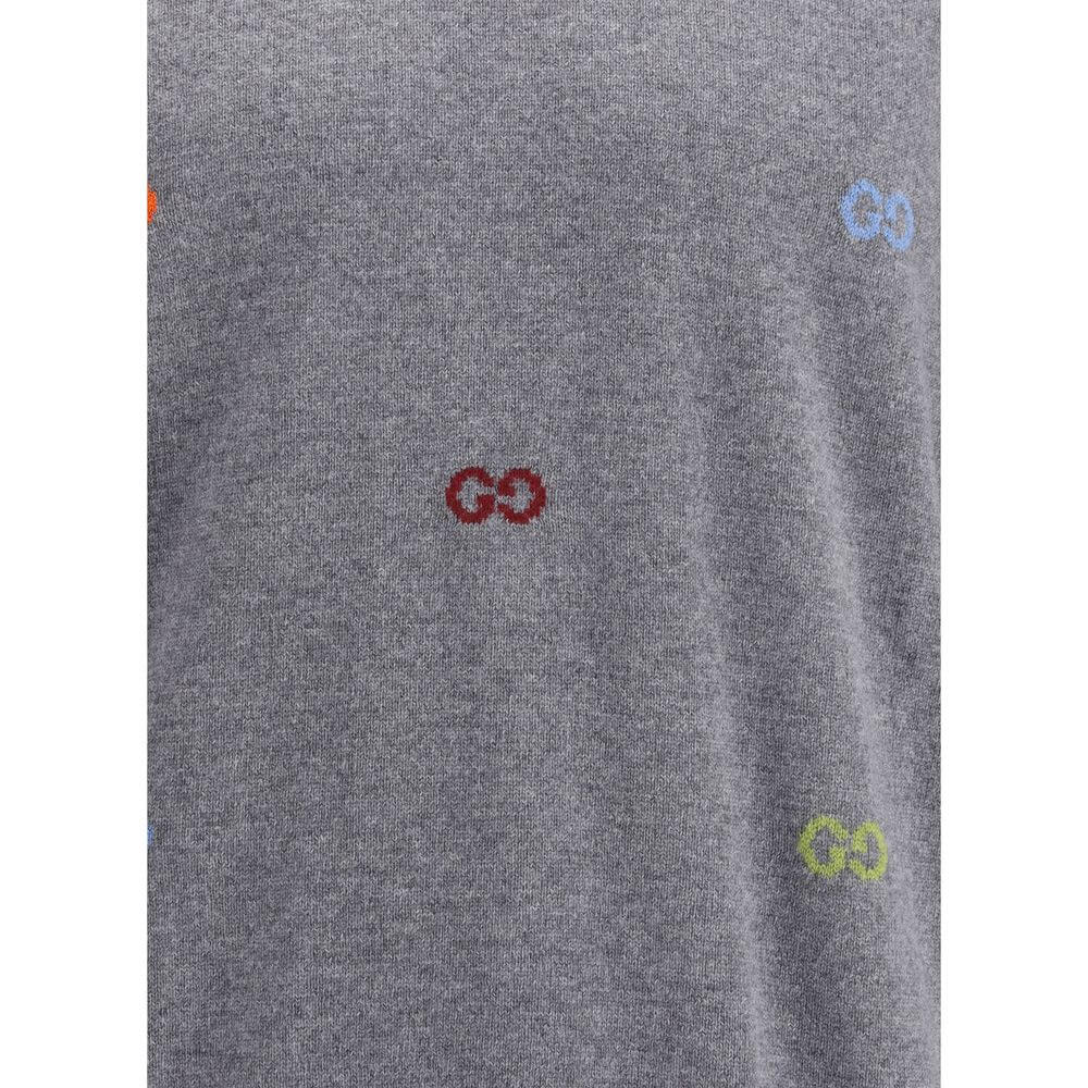Gucci Gray Cashmere Sweatshirt with multicolor jacquard logo, ribbed crew neck, and cuffs, made in Italy from 100% Kashmir.