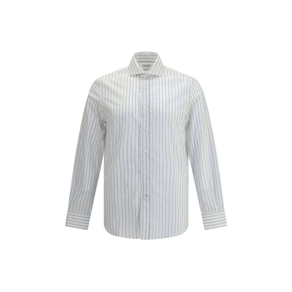 Brunello Cucinelli White Cotton Pattern Shirt with classic collar and striped design, made in Italy for AW25.