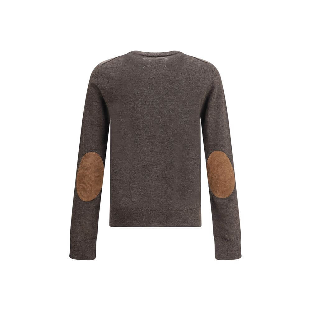 Rear view of Margiela Brown Wool Sweatshirt with signature contrast stitching and sleeve appliqués, crafted from 100% wool.