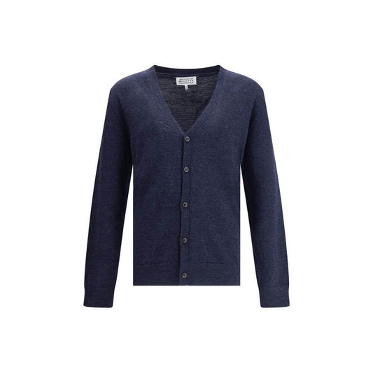 Margiela Blue Wool Cardigan with button closure, V-neck, and ribbed trim, featuring elbow patches. Regular fit, 100% wool. Elegant style.
