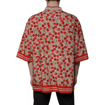 Dolce & Gabbana Beige Cherry Nylon Buttoned Casual Shirt