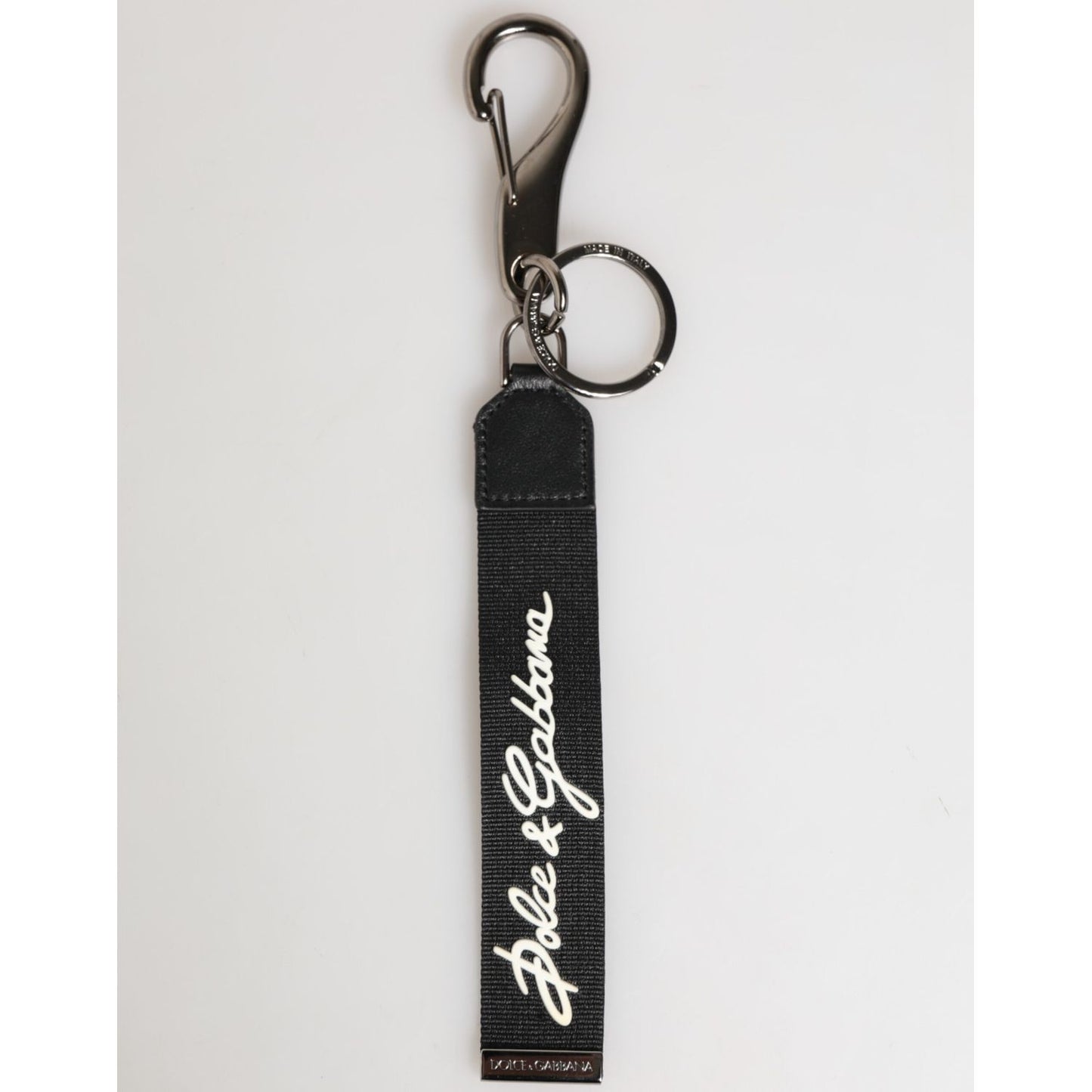 Dolce & Gabbana Black White Polyester DG Logo Silver Men Keychain Keyring with strap and metal hardware on white background