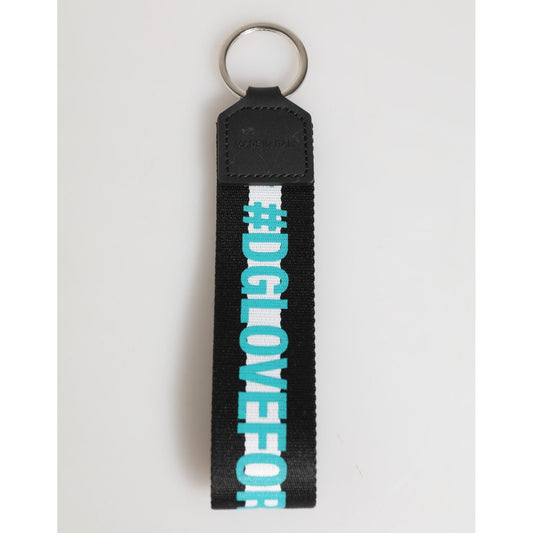 Dolce & Gabbana Multicolor Logo Polyester Brass Holder Keychain Keyring with black strap and turquoise lettering.