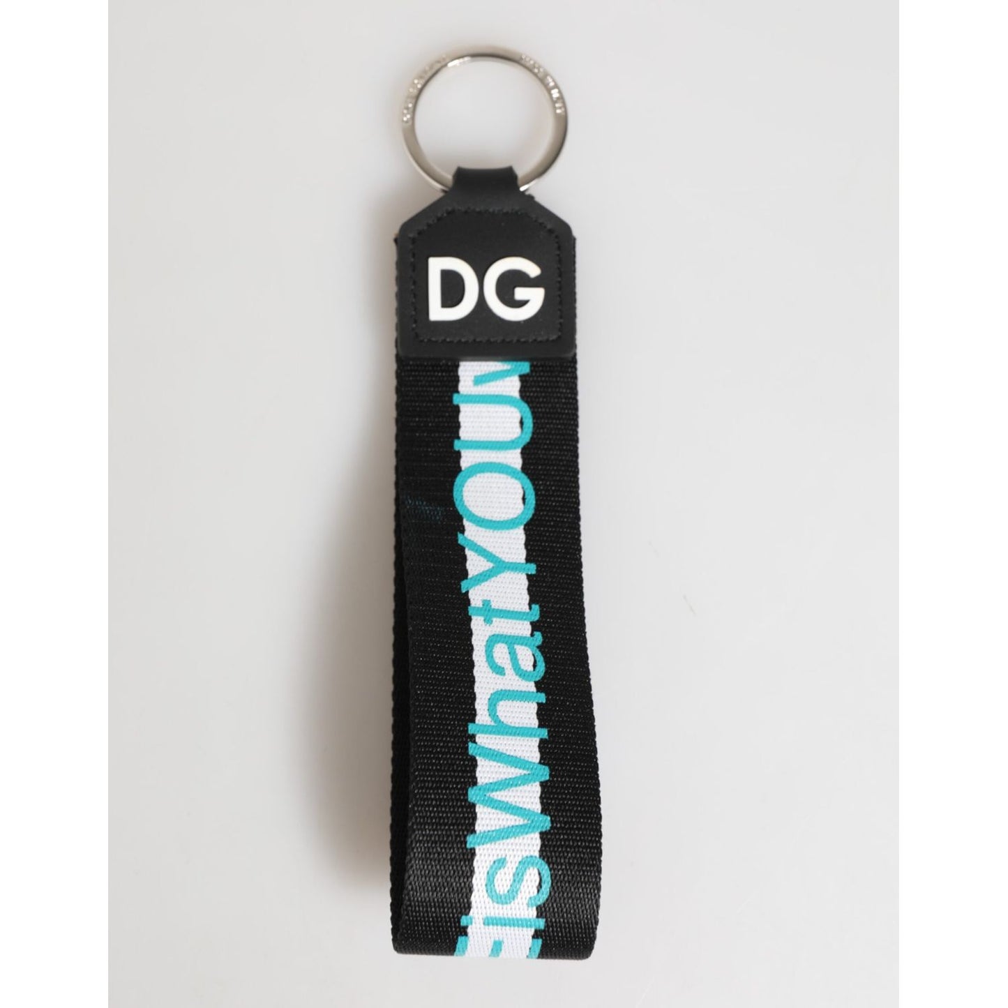 Dolce & Gabbana Multicolor Logo Polyester Brass Holder Keychain Keyring with black strap and silver hardware.