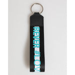 Black logo keychain with silver ring and strap saying 'REVER #LOVE' on a white background.