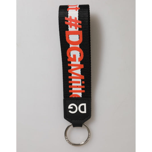 Dolce & Gabbana Black Red Logo Polyester Brass Holder Keychain Keyring with bold DG logo and silver-tone brass detail.