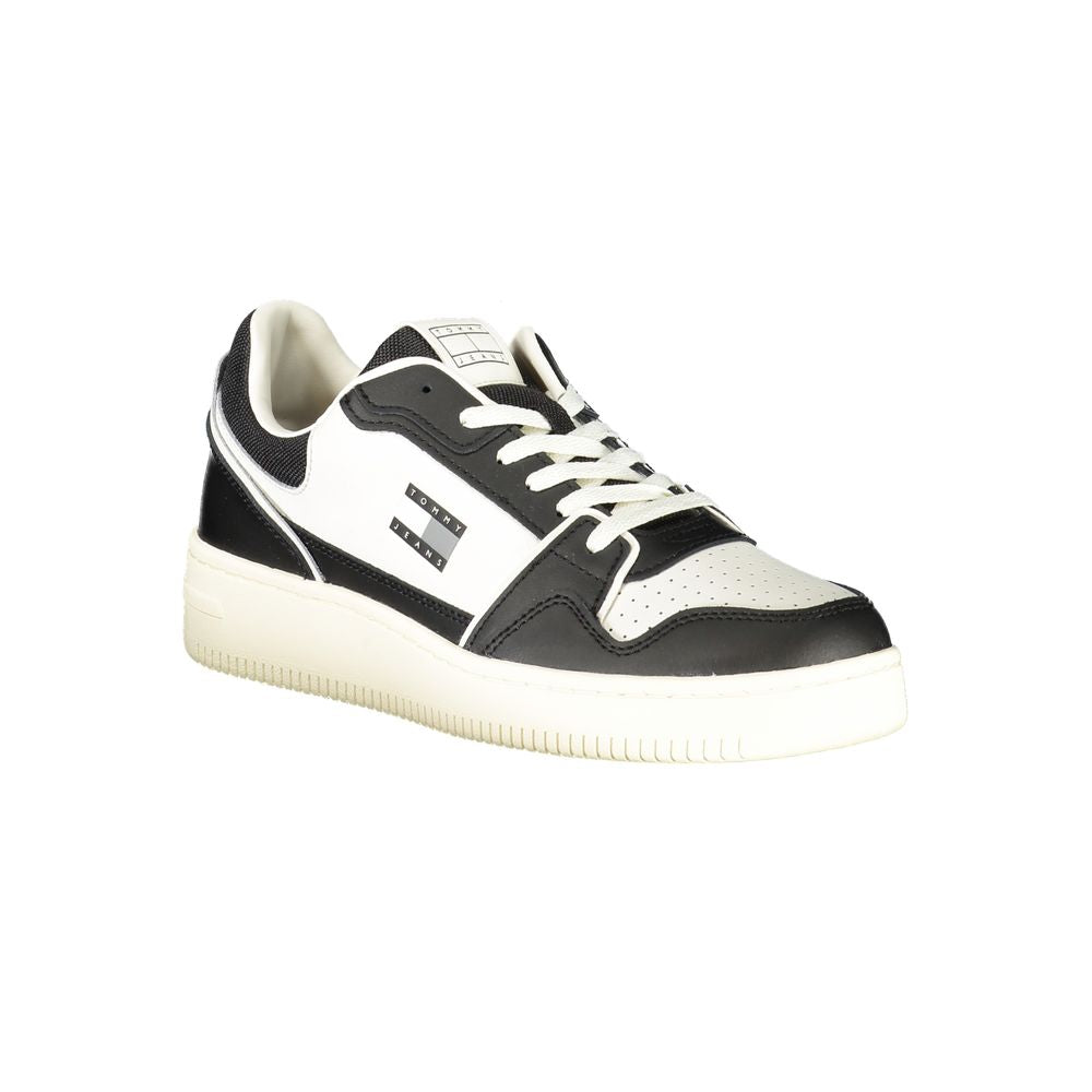 Tommy Hilfiger Black Leather Men Sneaker with white accents and iconic logo, offering luxury, comfort, and style for urban adventures.