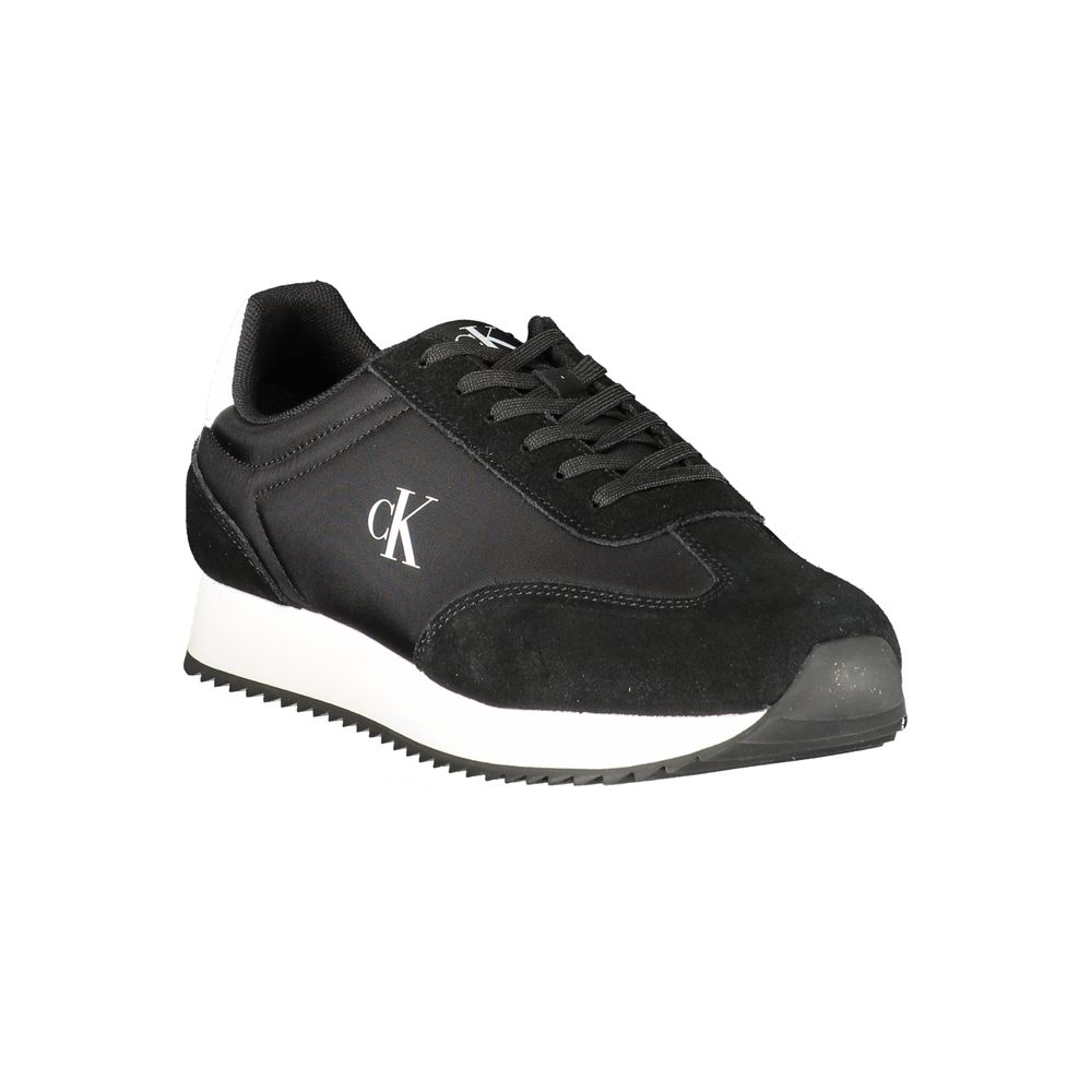 Calvin Klein Black Leather Men Sneaker, stylish sports shoe with white accents and logo, ideal for fashion-conscious individuals. Shop now.