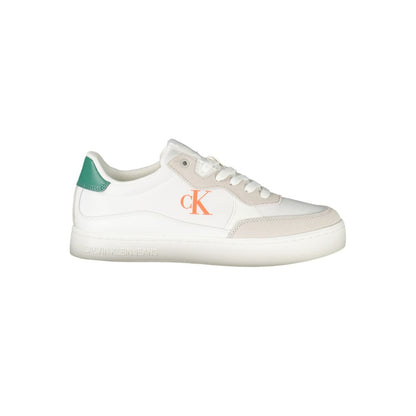Calvin Klein White Leather Men Sneaker with bold lace-up design and iconic logo print.