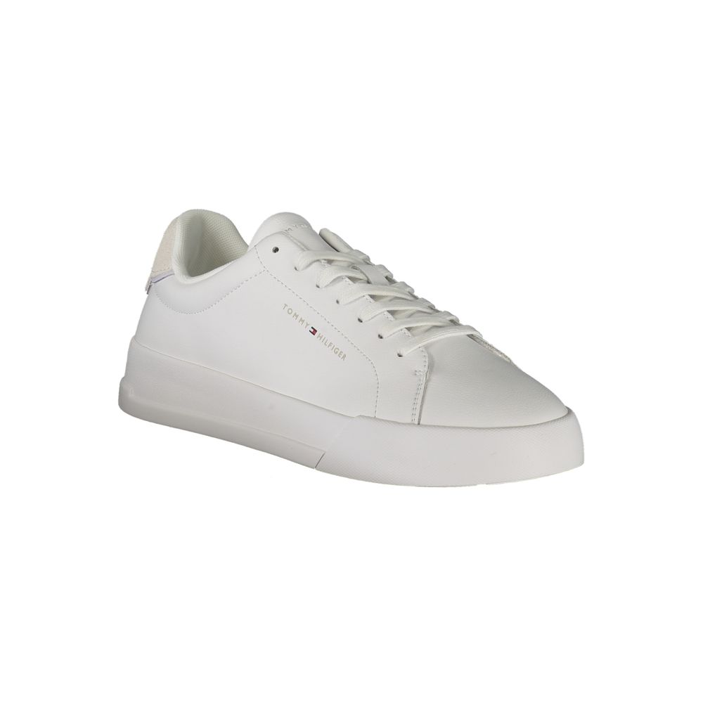 Tommy Hilfiger White Leather Men Sneaker with grey accents and logo detail, showcasing timeless casual elegance and comfort.