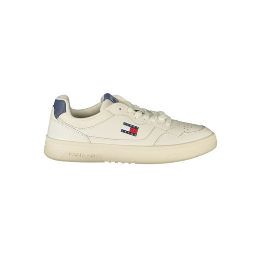 Tommy Hilfiger White Leather Men Sneaker with blue accents and logo, offering comfort and style for casual occasions.