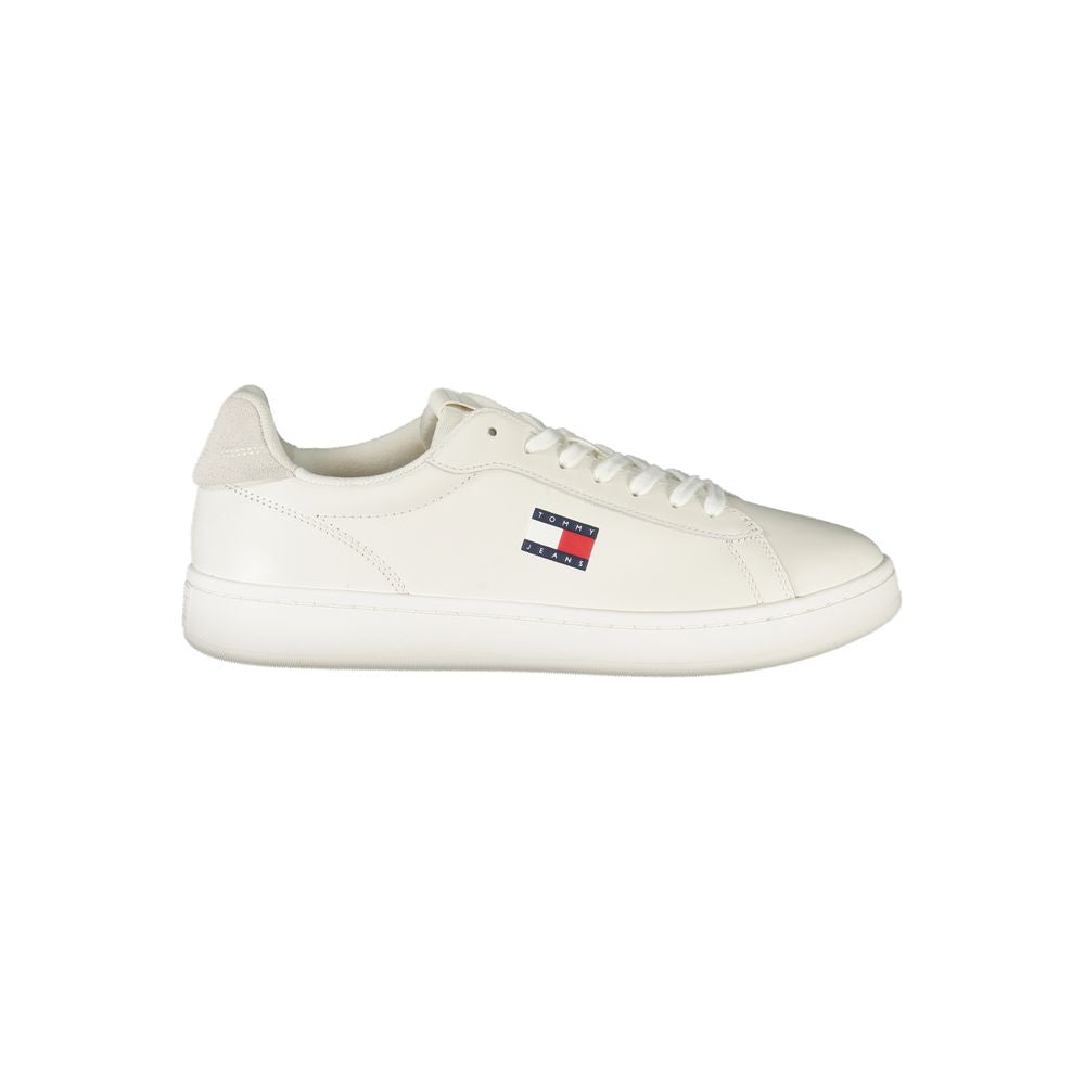 Tommy Hilfiger White Leather Men Sneaker with grey accents and logo, offering classic American style and comfort.