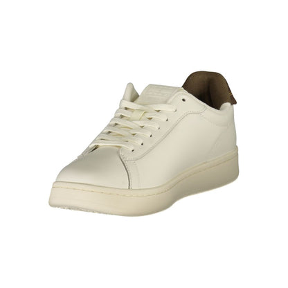 Tommy Hilfiger White Leather Men Sneaker with brown accents and logo, stylish and comfortable for the urban trendsetter.
