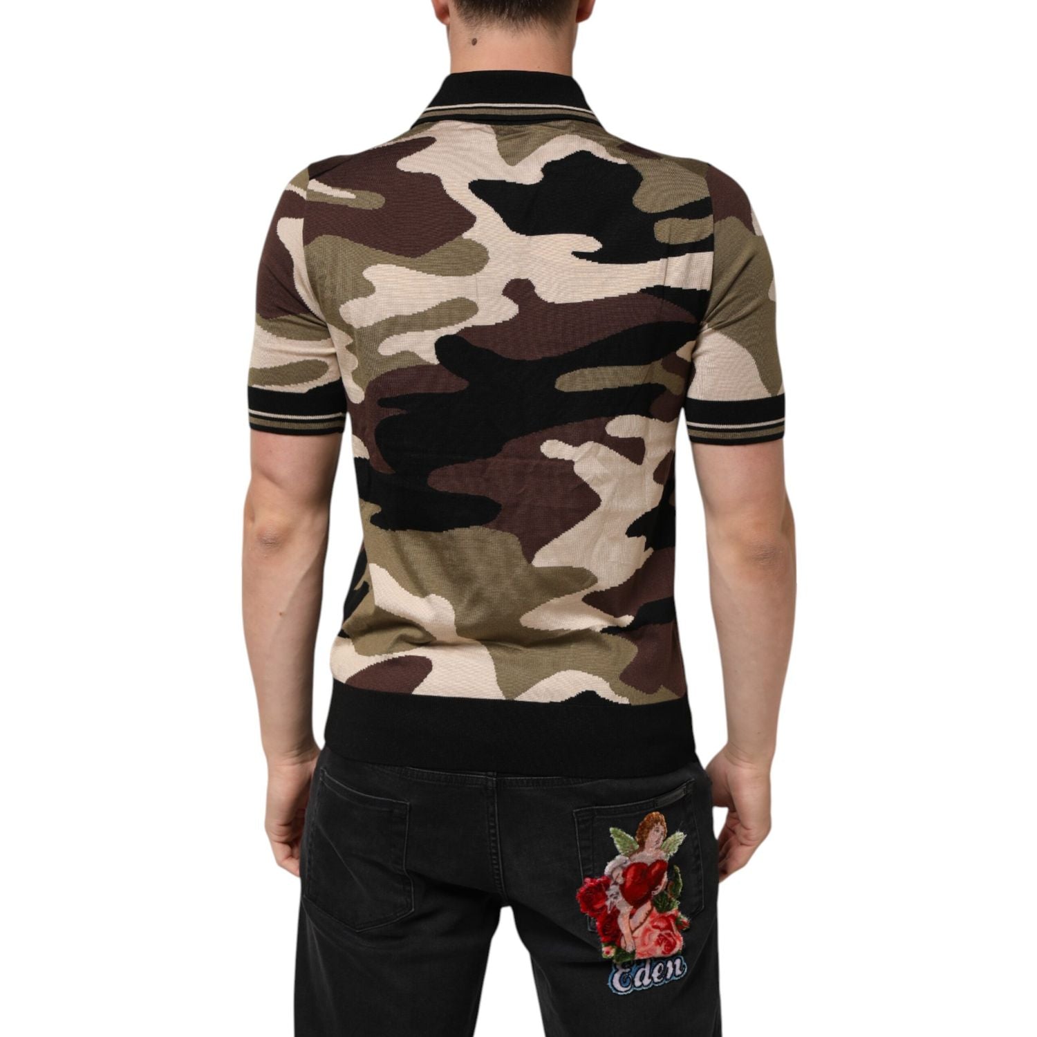 Dolce & Gabbana Camouflage Brown Silk MilitaryPolo T-shirt