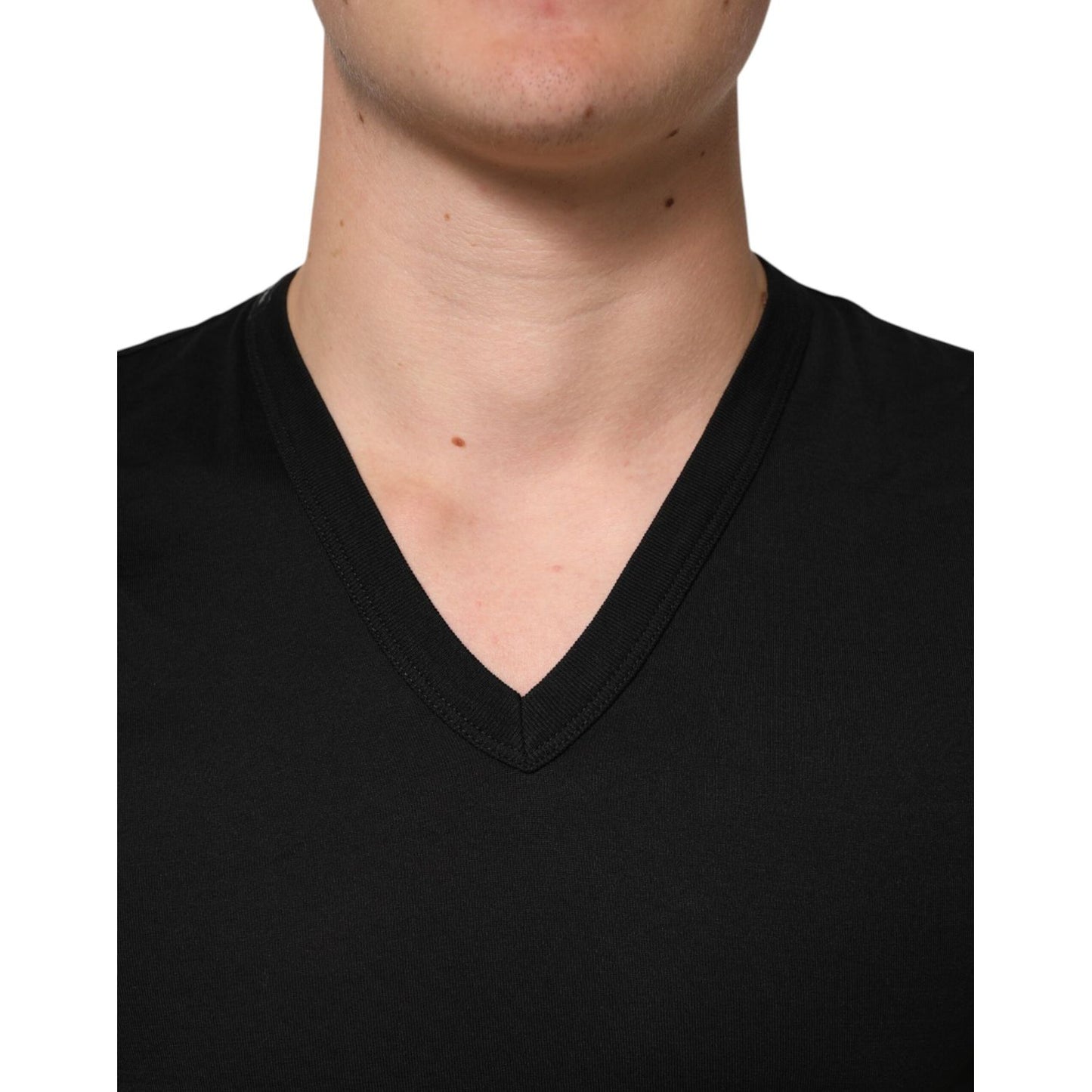Dolce & Gabbana Black Cotton Plain V-Neck Men Shirt T-shirt