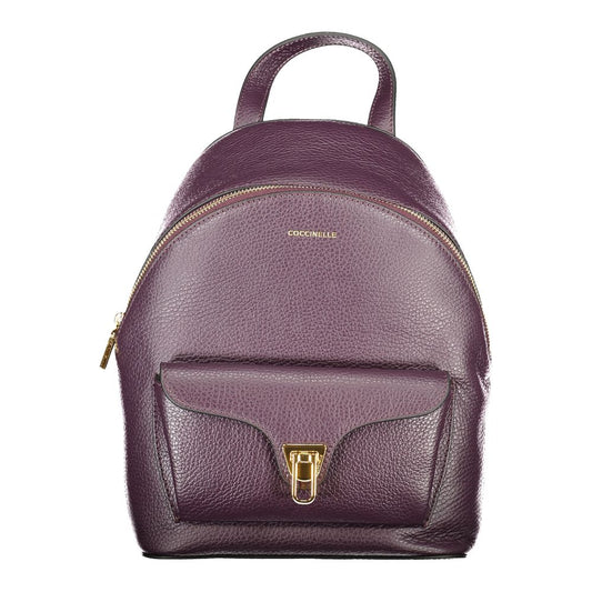 Coccinelle Purple Leather Women Backpack with twist closure and adjustable straps showcasing Italian craftsmanship.