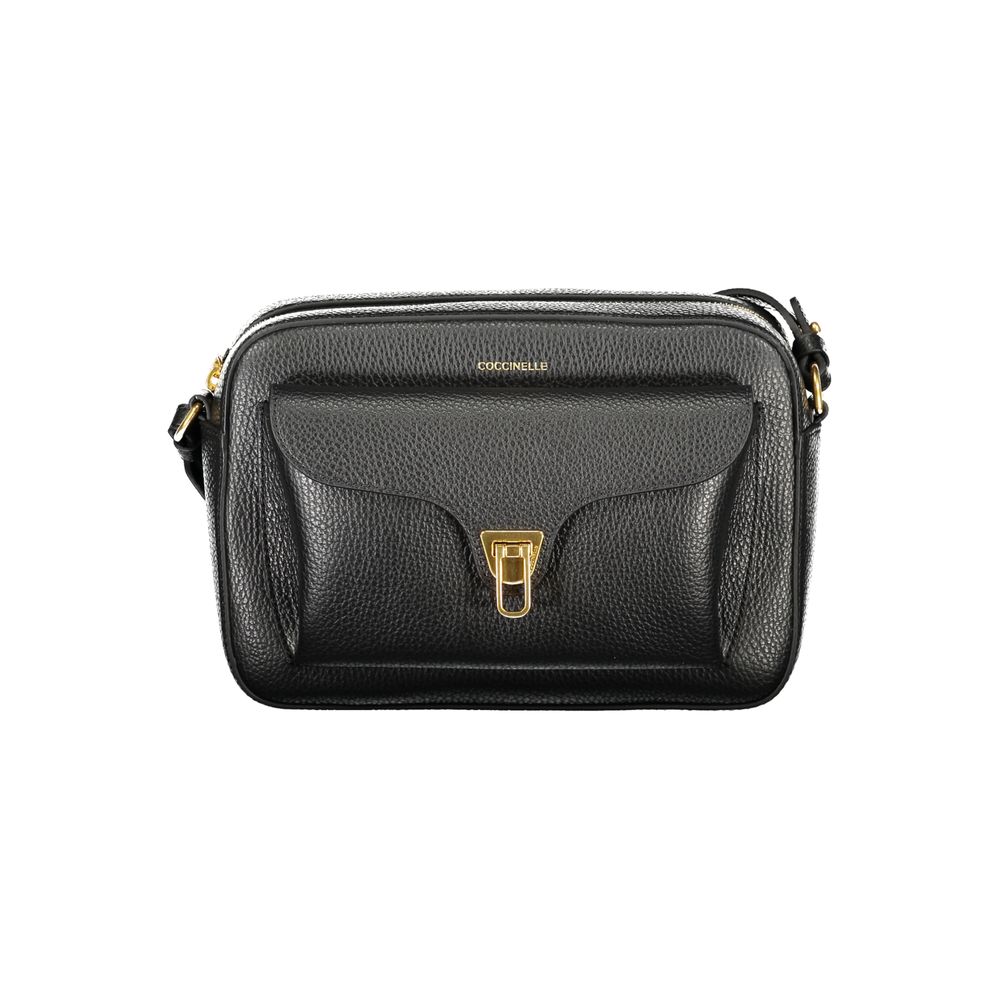 Coccinelle Black Leather Women Handbag with adjustable shoulder strap and twist closure pocket, showcasing Italian craftsmanship and elegance.