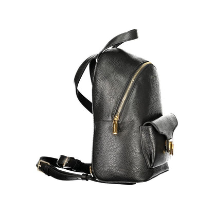 Coccinelle Black Leather Women Backpack with gold zippers and external pocket, side view showing chic design and quality craftsmanship.