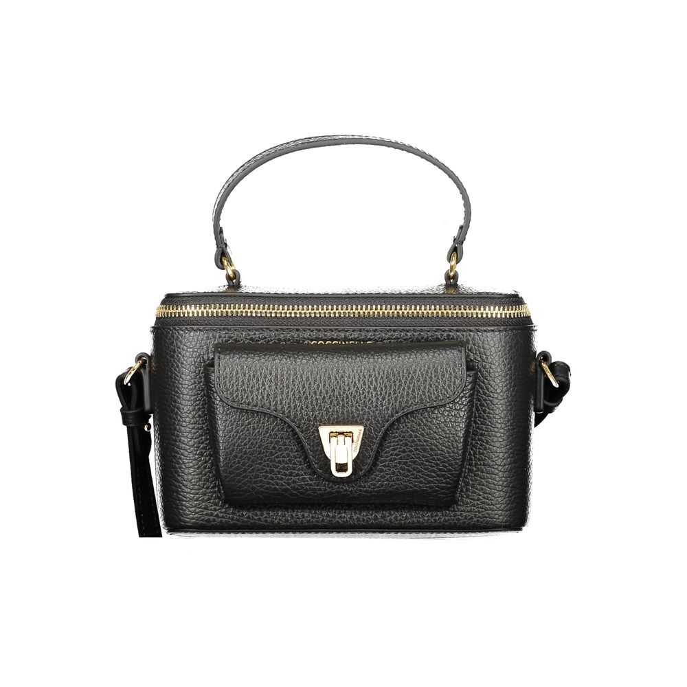 Coccinelle Black Leather Women Handbag with external pocket and swivel closure, showcasing luxury Italian craftsmanship.