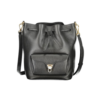 Coccinelle Black Leather Women Handbag with gold accents and adjustable shoulder strap, front view.