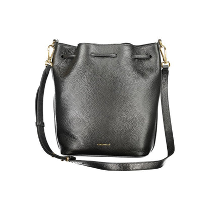 Coccinelle Black Leather Women Handbag, luxury bucket bag with adjustable strap and twist closure, elegant fashion accessory.
