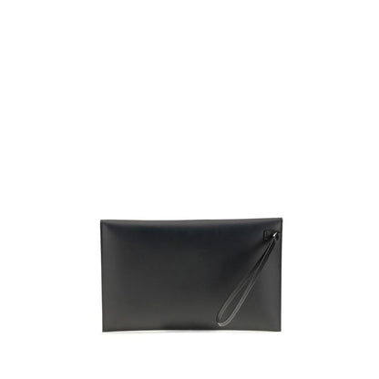 Fendi Black Leather Clutch Bag with snap-button closure and wrist strap, offering stylish functionality and eight card slots for organizing essentials.