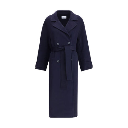 Dynamis Studio Blue Wool Coat, double-breasted with classic lapels and built-in belt, versatile and refined style for AW25. 100% wool.