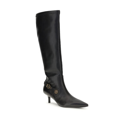 PINKO Black Goatskin Ankle Boots with rounded toes and high heels, featuring internal zippers and refined straps with metal loops.