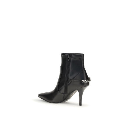 PINKO Black Calf Leather Bos Taurus Ankle Boots with stiletto heel and chain detail on the side, elegant and contemporary style.