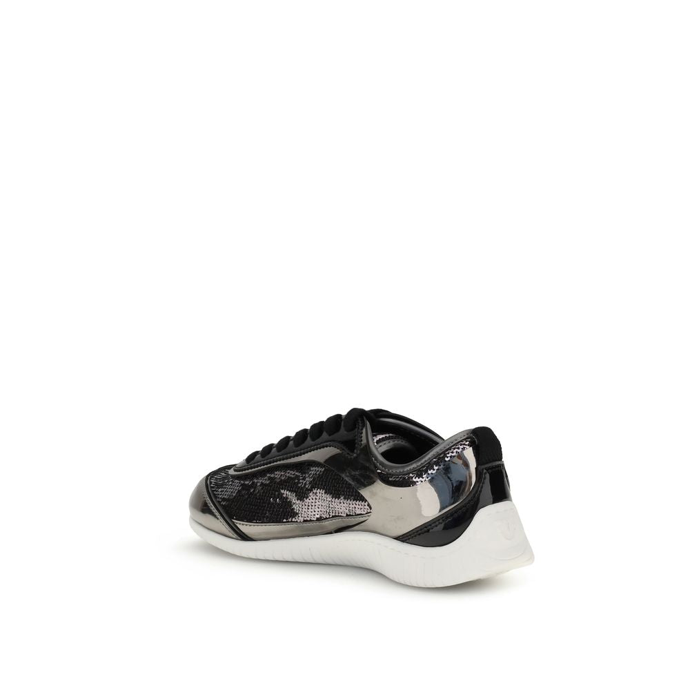 Rear view of PINKO Silver Nylon Chunky Sneakers with sequin details and white rubber sole.