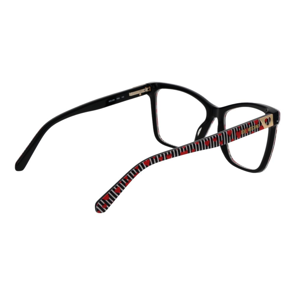 Love Moschino Black Acetate Glasses (Frames) for women with full-rim design, demo lenses, and spring hinge in a branded case.