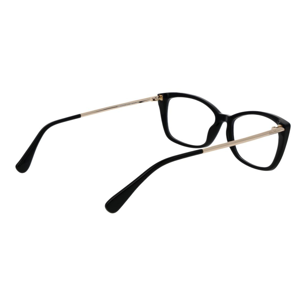 Max Mara Black Women Glasses Frame in full-rim rectangle style with black plastic material and 140mm temples length.