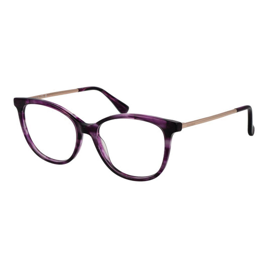 Max Mara Purple Women Glasses Frame in oval full-rim style, made from acetate with demo lenses, model showcasing 52mm lens width.
