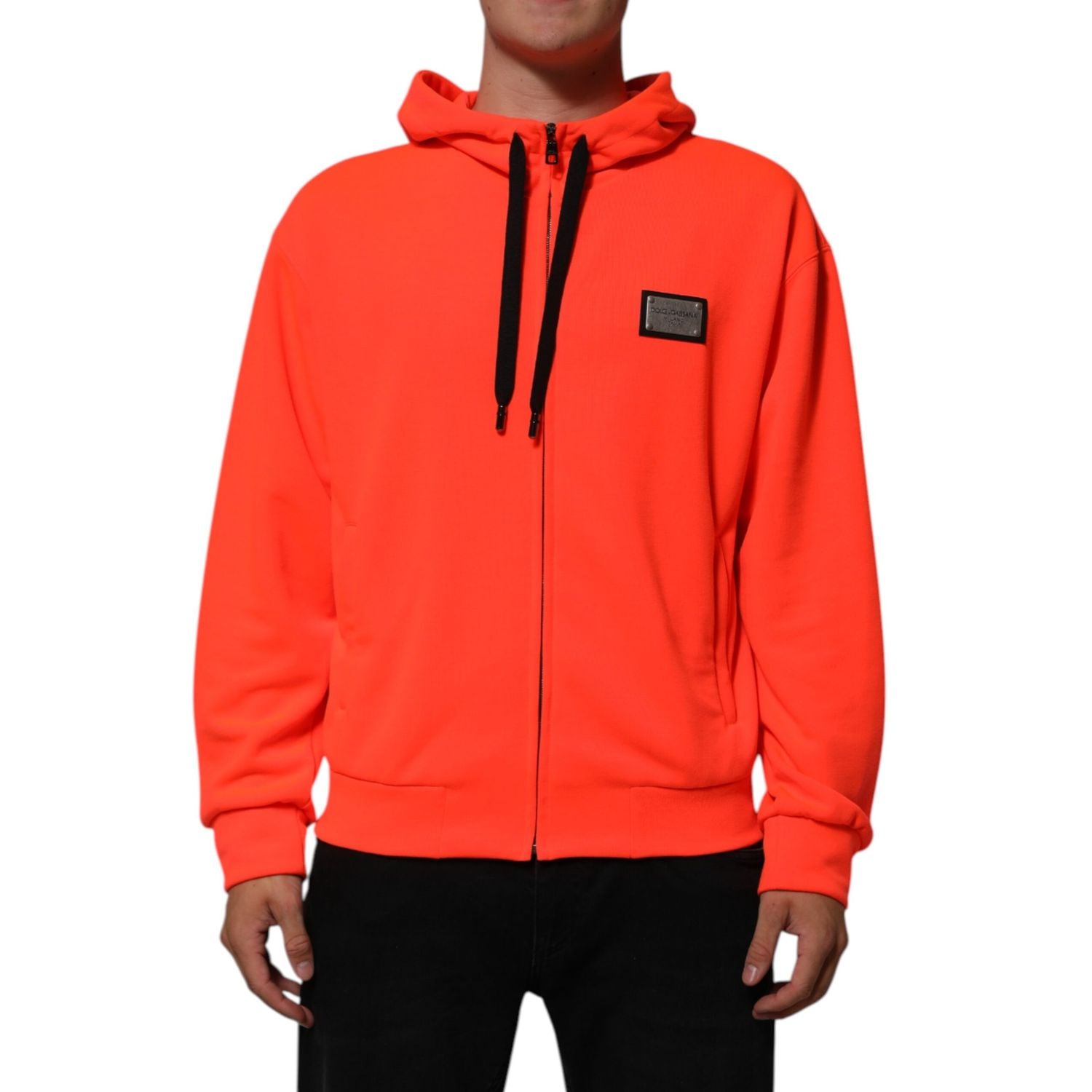 Dolce & Gabbana Red Fluorescent Polyester Logo Patch Hoodie Sweater