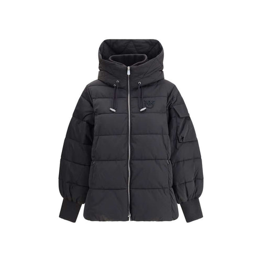 Black PINKO Logo Down Jacket with hood, zipper, and contrasting logo appliqué on chest, perfect for Autumn-Winter 2025 season.