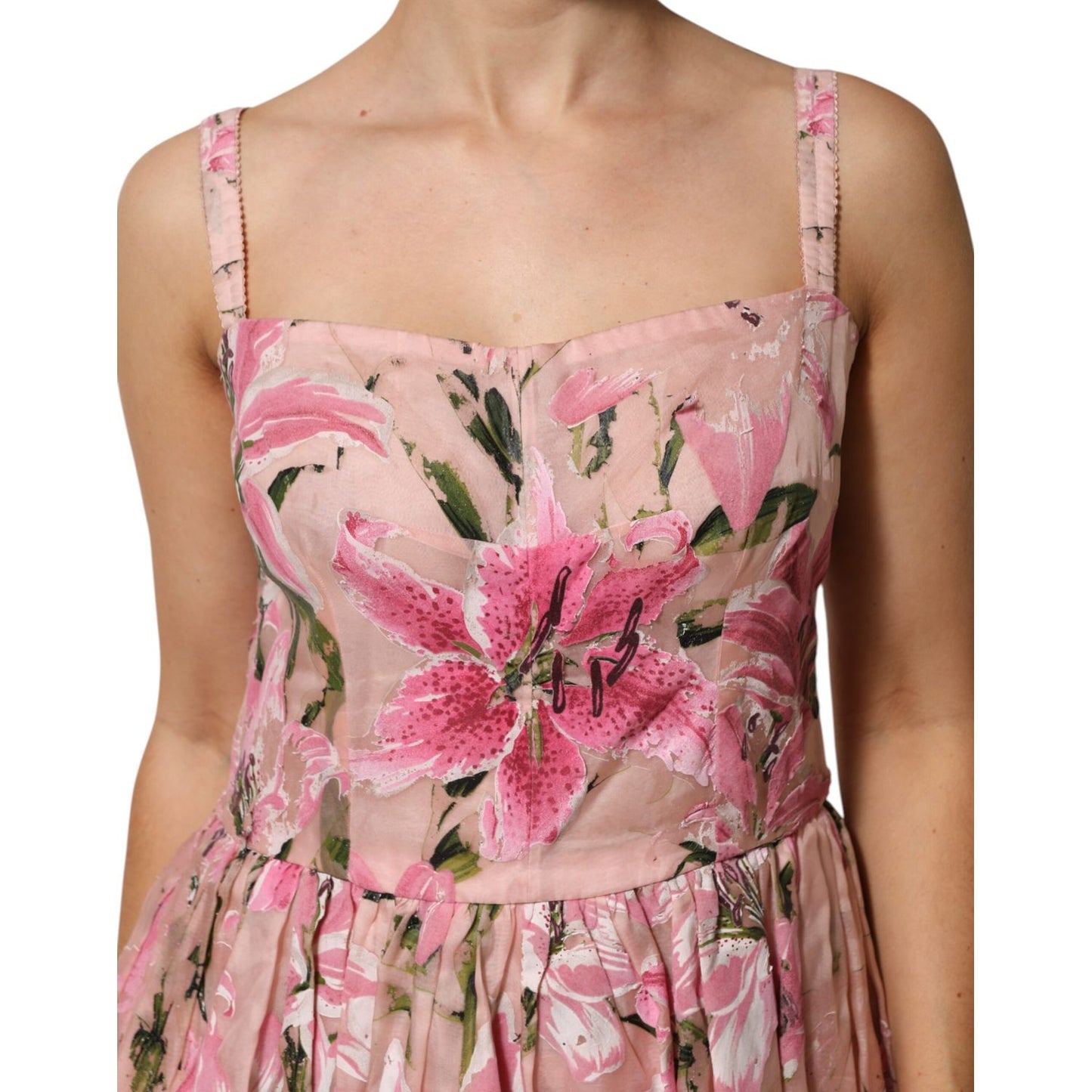 Dolce & Gabbana Pink Cotton Floral Pleated Sleeveless Dress