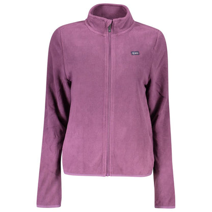 Norway 1963 Purple Polyester Women Sweater, zip-up fleece with logo applique, long sleeves, stylish and cozy in a bold purple shade.