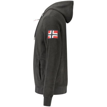 Side view of Norway 1963 Black Polyester Men Sweatshirt with hood and embroidered logo, showcasing functional pockets and sleek design.