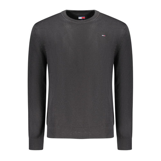Tommy Hilfiger Black Cotton Men Sweater with embroidery and logo, crew neck style, made of 95% organic cotton, sleek and stylish design.