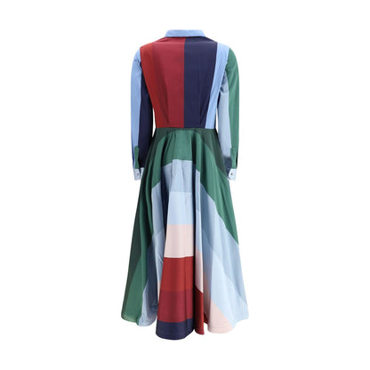 Back view of Sara Roka Multicolor Polyester Casual Dress with vibrant geometric patterns and elegant lapels.