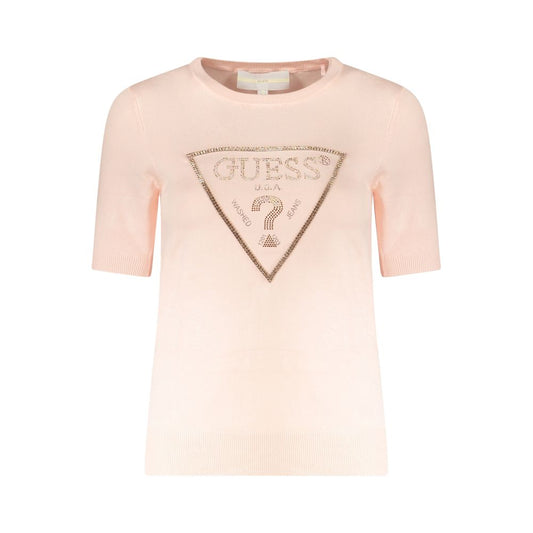 Guess Jeans Pink Viscose Sweater with crew neck, short sleeves, contrasting details, logo, and rhinestone applications.