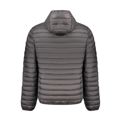 Back view of North Sails Black Polyester Men Jacket with hood and quilted padding, showcasing sleek design and functionality.