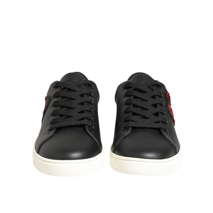 Dolce & Gabbana Black White Leather Crystal Heart Sneakers Shoes