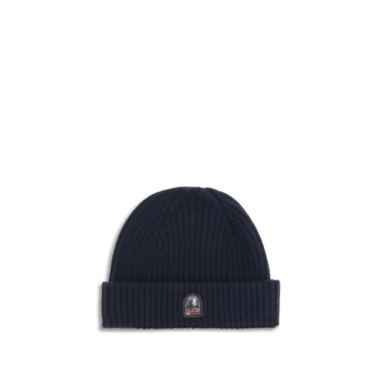 Parajumpers Ribbed Beanie Hat in navy blue with iconic Parajumpers tape, made from 70% Merino Wool and 30% Acrylic for comfort and fit.